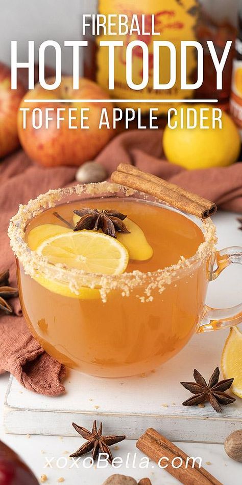 Hot Fireball Drinks, Hot Halloween Drinks Alcohol, Fall Hot Toddy Recipe, Hot Apple Toddy Recipe, Apple Cider Hot Toddy Recipe, Tennessee Fire Whiskey Drinks, Hot Toddy Recipe Apple Cider, Fall Spiked Drinks, Warm Fall Drinks Alcohol