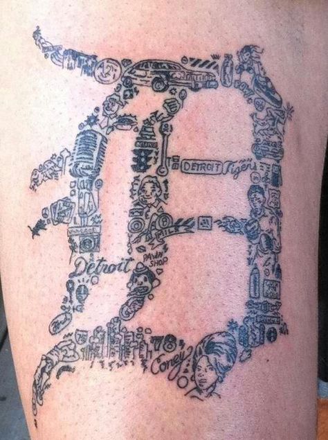 Fantastic tattoo! Detroit Tattoo Ideas, Detroit Tattoo, Old English Tattoo, Michigan Tattoos, D Tattoo, Symbol Tattoos, Half Sleeve Tattoo, Symbolic Tattoos, Detroit Michigan