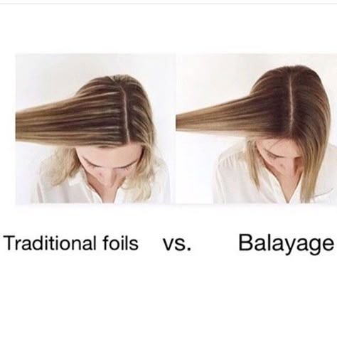 Here's a great example of the difference between the grow out of foil highlights and Balayage Foils Vs Balayage, Balayage Vs Highlights, Foil Highlights, Hair Techniques, Best Hair Salon, Hair Color Techniques, Ombré Hair, Hair Color And Cut, Balayage Highlights