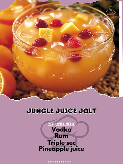 🌴🍹 Get ready for a wild ride with Jungle Juice Jolt—refreshing, vibrant, and perfect for any party! #JungleJuiceJolt #PartyDrinks Jungle Juice Jolt Ingredients: Vodka (1 cup) Rum (1 cup) Triple sec (1/2 cup) Pineapple juice (2 cups) Orange juice (2 cups) Cranberry juice (1 cup) Fresh fruit (1 cup, chopped—pineapple, oranges, strawberries) Lemon-lime soda (2 cups) Ice cubes (as needed) Instructions: In a large punch bowl, combine vodka, rum, triple sec, pineapple juice, orange juice, and c... Best Jungle Juice Recipe, Jungle Juice Recipe, Breakfast Drinks, Alcoholic Punch Recipes, Pineapple Vodka, Alcoholic Punch, Chopped Pineapple, Cocktail Party Food, Yummy Alcoholic Drinks