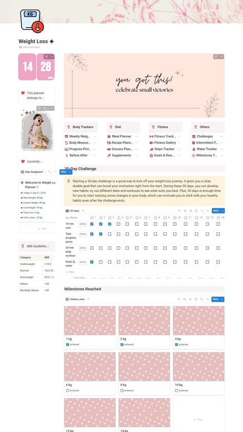 Ultimate Weight Loss & Fitness Tracker

Track your weight loss progress, workouts, and nutrition with this Notion template. Get motivated and stay on track with daily goals, progress charts, and Meal Prep Planner, Planner Habit Tracker, Grocery Planning, 15 Day Challenge, Notion Planner, Calorie Tracker, Weight Lo, Life Coaching Tools, Notion Templates