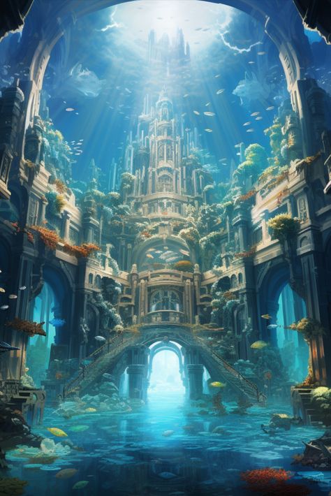 Sea Fantasy Art, Lost City Of Atlantis Aesthetic, Underwater Village, Mermaid City, Atlantis Aesthetic, Undersea City Fantasy Art, Underwater Civilization Concept Art, Atlantis City, Underwater Castle