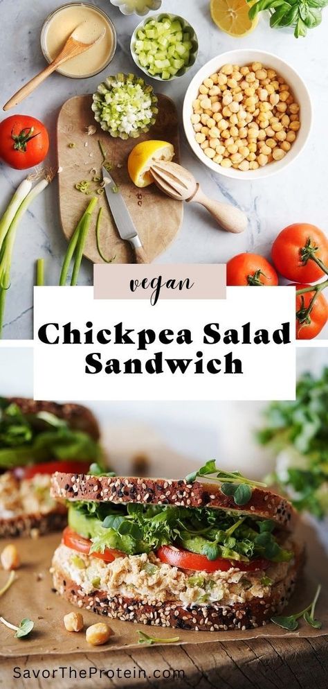 This Vegan Chickpea Salad Sandwich is a perfect choice for a weekday meal. The combination of chickpeas, tahini, lemon juice, and crunchy celery makes this salad delicious! Vegan Chickpea Salad, Chickpea Sandwich, Bread Toppings, Chickpea Salad Sandwich, Greek Potatoes, Vegan Chickpea, Asparagus Pasta, Baked Potato Soup, Prepped Lunches