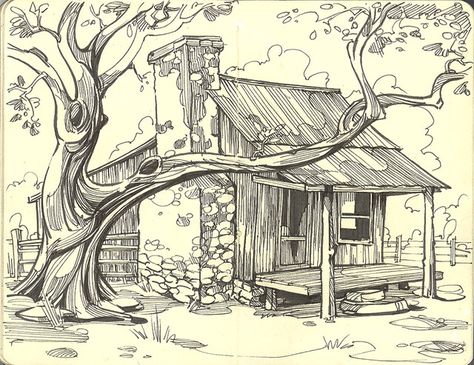 Sketches Of Cottages, Old Farmhouse Drawings, Old Cabin Drawing, Country Landscape Drawing, Southern Drawings, Outside Drawings, Farmhouse Drawings, Cabin In The Woods Drawing, Farmhouse Drawing