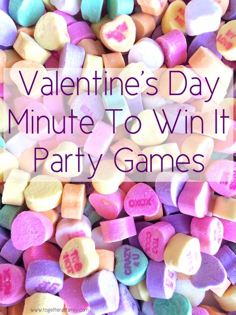 VALENTINE'S DAY MINUTE TO WIN IT GAMES | fun activity for a party, in the classroom, or at home with the family! www.togetherasfamily.com Minute To Win It Party, Classroom Valentines Party, Valentines Class Party, Valentine's Day Party Games, Valentine Party Game, Games For Kids Classroom, Party Games For Kids, It Party, Funny Baby Shower Games