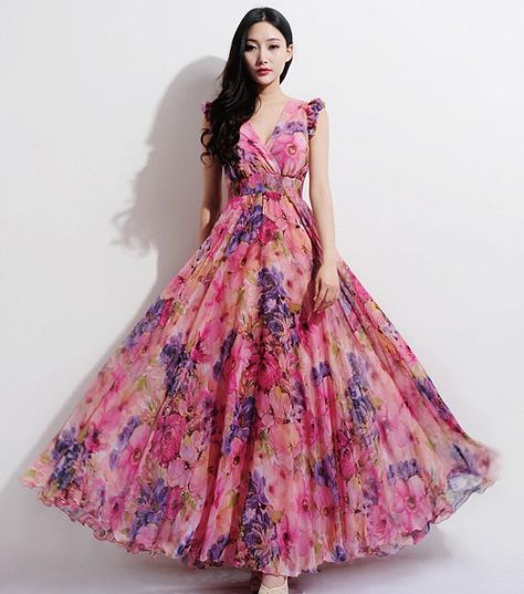 Bohemian Boho Chic Pink Floral Print A-line Dress Beach Wedding Bridesmaid Full Pleated Skirt Casual Holiday Fashion Ball Gown Frock Models, Floral Print Gowns, Long Frock Designs, Long Gown Design, Frock For Women, Long Gown Dress, Long Dress Design, Printed Gowns, Indian Gowns Dresses