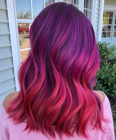 Bright Red Purple Balayage Hair Reddish Purple Hair, Red And Purple Hair, Van Makeover, Purple Red Hair Color, Purple Natural Hair, Purple Pink Hair, Purple Hair Streaks, Purple Blonde Hair, Red Purple Hair