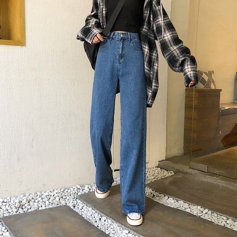 Enoki High-Waist Wide-Leg Jeans | YesStyle Highwaist Denim Pants Outfits, Korean Fashion Wide Leg Jeans, Outfit Ideas High Waisted Jeans, Blue Wide Leg Outfit, Wide Jeans Styling, Highwater Jeans Outfit, Outfits With Blue Wide Leg Jeans, Ootd Jeans High Waist, Outfit Ideas With Wide Leg Jeans