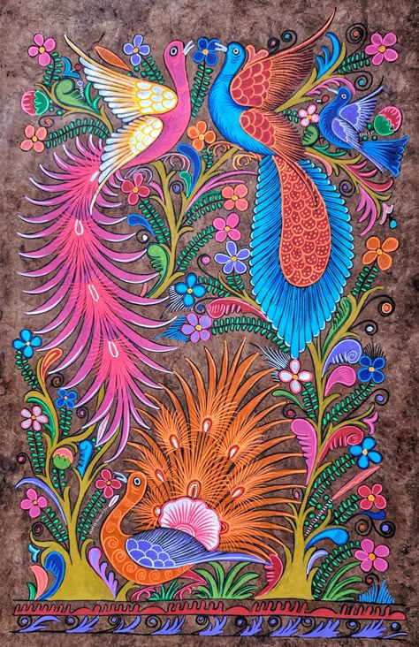 Amate painting from Cuernavaca, Morelos in Mexico Mexican Folk Art Painting Birds, Mexican Bark Painting, Mexican Bird Art, Traditional Mexican Folk Art, Mexican Artwork Paintings, Mexican Art Traditional, Mexican Paintings Ideas, Amate Painting, Spanish Folk Art