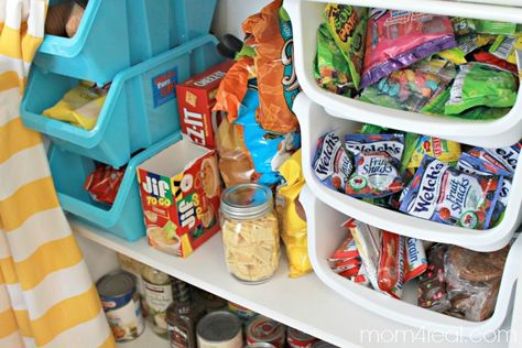 Pantry and Snack Storage Ideas Snack Storage Ideas, No Pantry, Food Storage Ideas, Snack Bin, Beautiful Pantry, Snack Organizer, Diy Snacks, Dorm Storage, Pantry Organizers