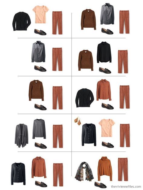 11. 10 ways to wear rust pants from a travel capsule wardrobe Cooper Pants Outfit, Rust Brown Outfit Color Combos, Taupe Pants Outfit Color Combos, Rust Brown Pants Outfit, What To Wear With Rust Colored Pants, Cognac Pants Outfit, Copper Pants Outfit, Rust Pants Outfit Work, Rust Outfit Color Combos