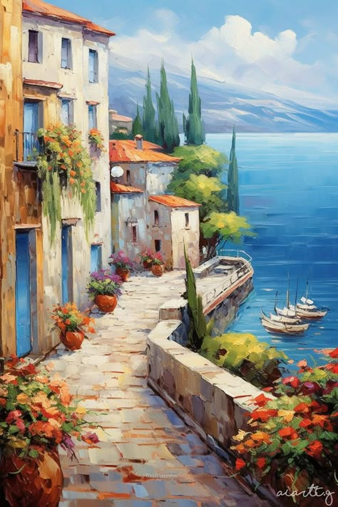 Arts | Village near the Mediterranean Mediterranean Paintings, Mediterranean Art, Fall Canvas Painting, Beach Art Painting, Christmas Paintings On Canvas, Art Village, Glasgow School Of Art, Acrylic Painting For Beginners, 수채화 그림