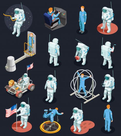 Astronauts isometric characters set Free... | Premium Vector #Freepik #vector #people Astro Logo, Isometric People, Planet Vector, Astronaut Illustration, Moon Orbit, Space Icons, Human Logo, Space Illustration, Isometric Art