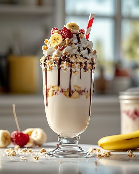 🍌 Banana Split Milkshake 🍒 "Deliciously creamy, perfect for sharing with family or enjoying after a long day. A treat that brings joy to every sip!" 🍫 Ingredients 🍓 - 2 large bananas, sliced - 2 scoops vanilla ice cream - 2 scoops chocolate ice cream - 2 scoops strawberry ice cream - 1 cup milk (dairy or non-dairy) - 1/4 cup chocolate syrup - 1/4 cup strawberry syrup - 1/4 cup caramel syrup - Whipped cream for topping - Fresh raspberries for garnish - Fresh banana slices for gar... Tasty Ice Cream, Gourmet Ice Cream, Milk Dairy, Banana Slices, Protein Shake Smoothie, Tastemade Recipes, Strawberry Syrup, Caramel Syrup, Fresh Raspberries