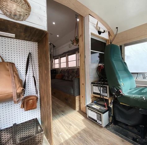 Small Bus Living, Mini Bus Conversion Interiors, House Bus Interior, Bus Interior Ideas, Small Bus Conversion Ideas, Skoolie Bedroom, Converted School Bus Interior, School Bus Camper Conversion, Skoolie Conversion Exterior