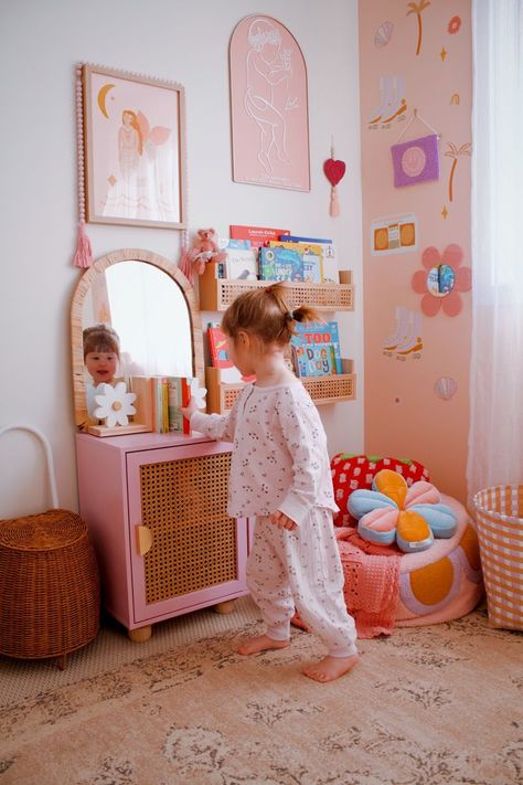 Cozy Toddler Girl Room, Toddler Reading Nook Girl, Toddler Girl Room Colorful, Groovy Toddler Room, Toddler Girl Reading Corner, Reading Corner Toddler Room, Toddler Girl Playroom Ideas, Flower Toddler Room, Girls Room Ideas Toddler