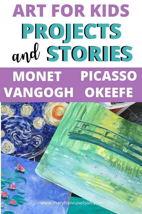 Looking for ideas to incorporate stories and art into your art appreciation course? I've got the perfect combination. Combine the stories about these artists with art projects for the perfect unit study. Find ideas to study Monet, Picasso, Vangogh and O'Keefe with your kids. Club Ideas For Kids, Appreciation Activities, Famous Artists For Kids, Homeschool Art Projects, Art History Lessons, Book Club Ideas, Artist Project, Art Lessons For Kids, Art Curriculum