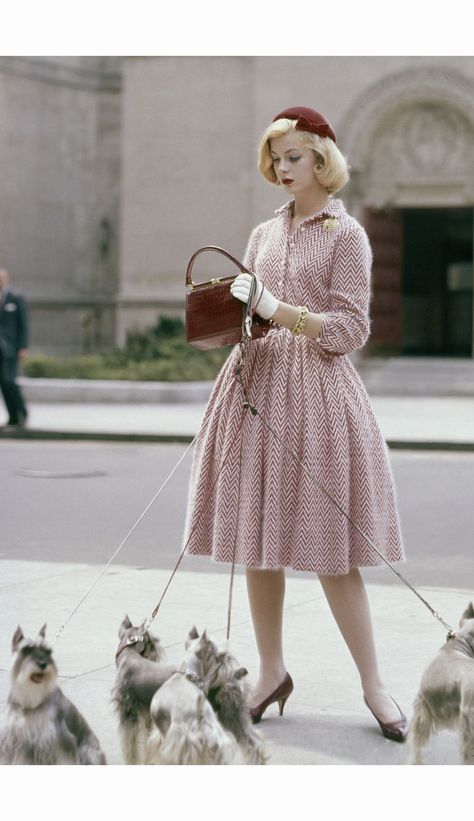 Pack Of Dogs, Scottie Pippen, Woman Walking, Fifties Fashion, Velvet Hat, American Fashion Designers, Chevron Dress, Art Dress, Knitted Dress