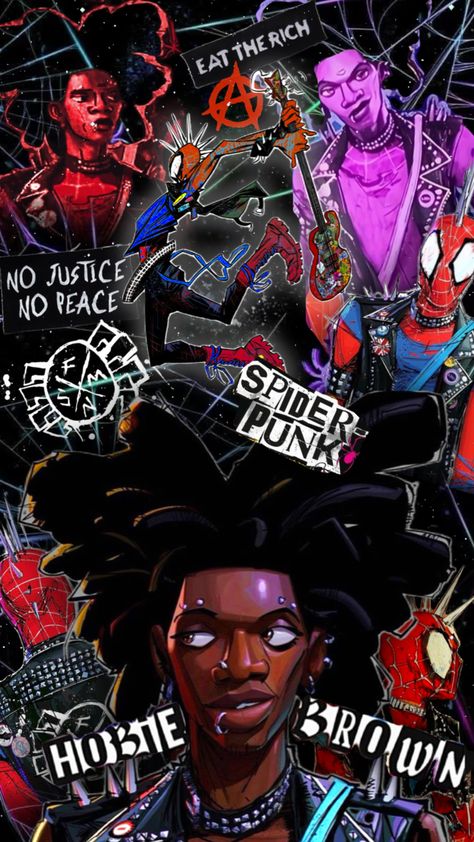 #spiderpunk #hobiebrown #spiderverse #spiderman #punk #anarchy #marvel #comics Spider Punk Background, Spider Punk X Yn, Spider Punk Tattoo, Spider Punk Comic, Spider Punk Art, Spiderpunk Fanart, Spider Punk Drawing, Spider Punk Pfp, Spider Punk Wallpaper