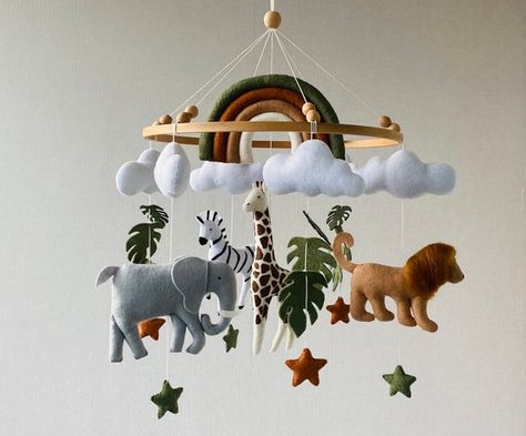 Safari Nursery Mobile With Rainbow Realistic Felt Animals - Etsy Australia Safari Nursery Mobile, Safari Baby Shower Decorations, Safari Mobile, Safari Baby Mobile, Felt Mobile, Cool Baby, Baby Crib Mobile, Hanging Mobile