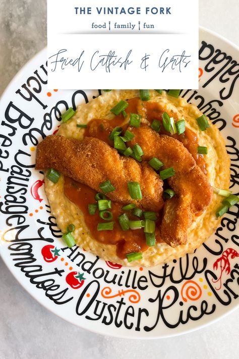 Catfish And Grits, Southern Brunch, Southern Fried Catfish, Cheesy Grits, Cajun Dishes, Vintage Forks, Grits Recipe, Fried Catfish, Brunch Recipe