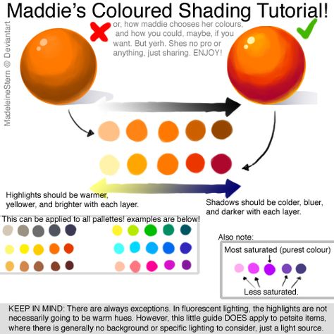 thesoragirl71293: “ Coloured Shading Tutorial - How to pick a palette by *MadeleineStern ” To add: If the lighting is flureoscent, or cool toned in general, you should make your shadows warmer.... Shading Tutorial, Palette Design, Coloring Tips, Digital Coloring, Coloring Tutorial, Colouring Techniques, Digital Painting Tutorials, Color Studies, Digital Art Tutorial