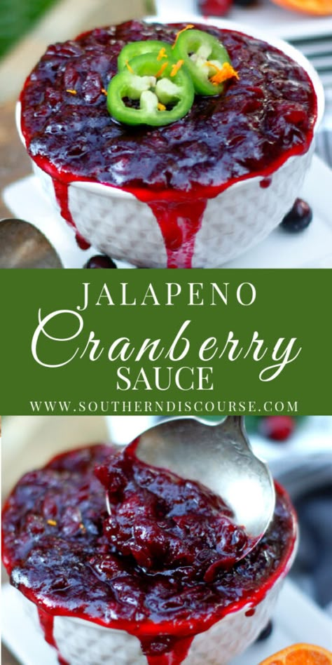 Homemade Jalapeno Cranberry Sauce - southern discourse Cranberry And Jalapeno Sauce, Cranberry Jalapeño Sauce, Jalapeno Cranberry Sauce, Jalapeño Cranberry Sauce, Spicy Cranberry Sauce, Thanksgiving Goodies, Jalapeno Relish, Thanksgiving Vegan, Cranberry Jalapeño