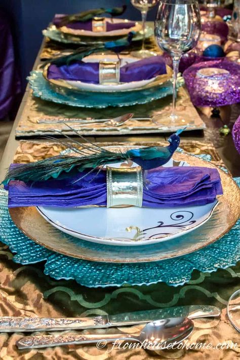 Peacock Tablescape, Peacock Party Decorations, Mardi Gras Party Decorations, Peacock Party, Peacock Wedding Theme, Peacock Christmas, House To Home, Peacock Theme, Yosemite Wedding