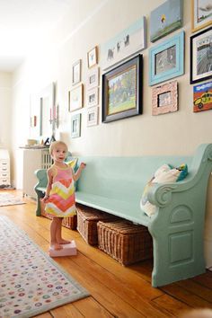 love the play of the soft pink wall, the aqua pew, and all the frames Amazing Hallways, Painted Church Pew, Hallway House, Pretty Church, Pew Bench, Match Art, Frame Arrangement, Wall Bench, Church Pews