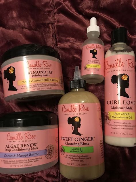 #haircare #healthyhairroutine Camille Hair Products, Camille Rose Products, Camille Rose Shampoo, 4c Hair Moisturizer Products, Camilla Rose Hair Products, Pink Hair Care Products, Black Hair Products Aesthetic, Curly Products For Natural Hair, Camila Rose Hair Products