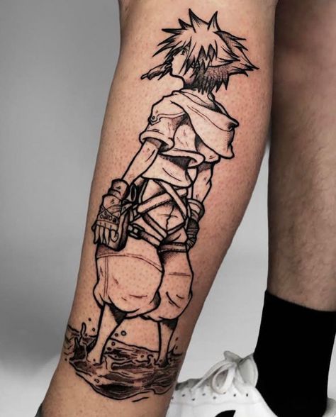 Sora Kingdom Hearts Tattoo, Ff7 Tattoo Ideas, Sora Tattoo, Final Fantasy Vii Tattoo, Swords Tattoos, Gaming Tattoo Sleeve, Kh Tattoo, Keyblade Tattoo, Owl Feather Tattoos