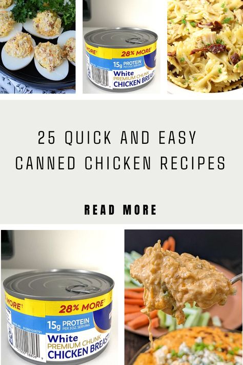 These easy canned chicken recipes make for quick and easy dinners! From buffalo chicken dip to chicken pot pie and chicken taquitos, we’ve got a little of everything. Canned chicken is so convenient… Instant Pot Canned Chicken Recipes, Recipes With Canned Chicken Healthy, Canned Buffalo Chicken Recipes, Quick Dinner With Canned Chicken, Quick And Easy Canned Chicken Recipes, Dinner Ideas Canned Chicken, Uses For Canned Chicken, Easy Can Chicken Recipes, Quick Canned Chicken Recipes