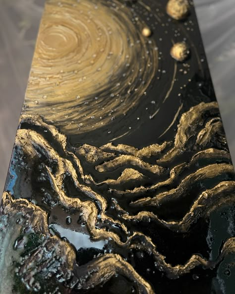 “INFINITY” 40x100cm Available for purchase This artwork shows human power and potential with many ways to reach goals. The Sun is in the center, painted in bright gold on a black background. Golden planets and orbits come from this center, showing endless human dreams. Textured mountains represent the hard and successful path to success. This cosmic artwork shows the big dreams needed to make our wishes come true. Feel it by looking at the night sky, full of stars and possibilities. #a... Infinity Painting, Sun Texture, Night Sky Full Of Stars, Black Background Painting, Endless Potential, Reach Goals, A Level Photography, Interior Paintings, Gold Canvas