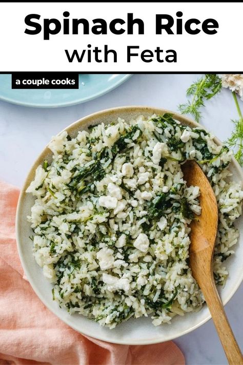 Spinach rice turns rice into a classy side dish! Garlic, dill and feta cheese bring big flavor to this Mediterranean-style dish. #spinach #spinachrice #sidedish #side #easyside #mediterranean #spinachfeta #spinachdill #lemondill #greek #mediterraneandiet Easy Baked Shrimp, Spinach Rice, A Couple Cooks, Pesto Salmon, Salmon And Asparagus, Couple Cooking, Spinach Smoothie, Sauteed Spinach, Spinach Recipes