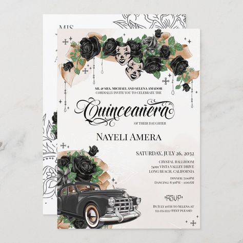 Black Rose Chola Lowrider Chicana Quinceanera Invitation Lowrider Party Decorations, Black Quinceanera Theme, Black Quinceanera, Quince Invitations, Quinceanera Invitation, Classic Invitation, Bday Party Theme, Quinceanera Themes, Black Roses