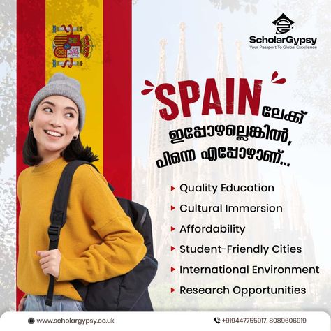 🌍✈️ Study Abroad in Spain! Are you dreaming of studying in the vibrant and culturally rich country of Spain? Look no further! Our consultancy services specialize in helping students like you make their study abroad dreams a reality FOR MORE DETAILS:- +91 9447755917, 8089606919 VISIT OUR WEBSITE:- www.scholargypsy.co.uk #spain #studyinspain #studyabroadinspain #StudyAbroadConsultancy #studentsuccess #reelsfb #reelsvideofollow #exams #visadetails #studyabroadvideo #trending #trendingreelsvi... Study In Spain, Rich Country, Student Success, Study Abroad, Like You, Dreaming Of You, Spain, Quick Saves, Design