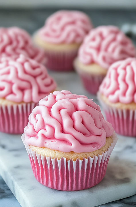 Pink Zombie Brain Halloween Cupcakes Cupcake Meme, Brain Cupcakes, Zombie Brains, Halloween Food Cupcakes, Perfect Halloween Party, Creative Cupcakes, Cupcake Icing, Halloween Cupcakes, Pink Halloween