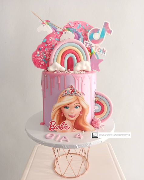 Barbie And Unicorn Cake, Unicorn Barbie Birthday Party, Barbie Drip Cake, Barbie Unicorn Cake, Unicorn Barbie Cake, Rainbow Barbie Cake, Barbie Doll Cakes For Girls Birthday, Pink And Purple Barbie Cake, Barbie Cake Design Girl Birthday