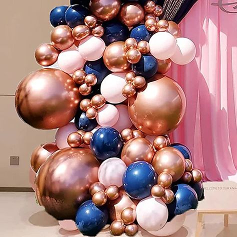 Navy Blue Balloon Garland, Gold Chrome Balloons, Pastel Pink Balloons, Navy Blue Balloons, Party Balloon Garland, Blue Balloon Garland, Pink Graduation Party, Blue Graduation Party, Chrome Balloons