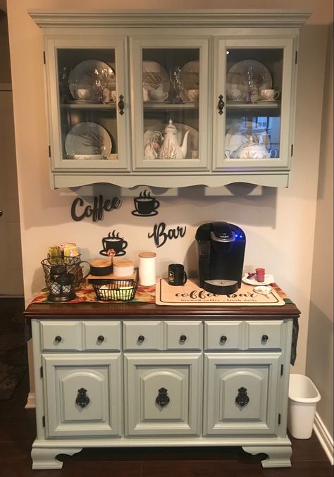 Created this from a old china cabinet. I used Heirloom Traditions Paint in The color London. China Cabinet Split In Half, China Cabinet Used As Kitchen Cabinets, Coffee Bar China Cabinets, China Cabinet Coffee Bar Diy, Hutch Into Coffee Bar, China Cabinet Bar Makeover, Repurposed Coffee Bar, China Cabinet Coffee Bar, Old China Cabinet