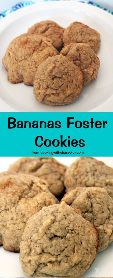 Bananas Foster Cookies - Cooking with Character Bananas Foster Cookies, Moana Dinner, Banana Foster, Egg Allergy, Frugal Recipes, Disney Recipes, Banana Cookies, Bananas Foster, Homemade Sweets