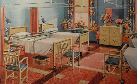 1940s Modern Hospital Flooring Advertisement Vintage Interior Design Illustration by Christian Montone, via Flickr Bedroom Paintings Canvas, Spiegel Catalog, Modern Hospital, Painting Countertops, Revere Pewter, Interior Wall Paint, Hospital Room, Vintage Interior Design, Interior Painting