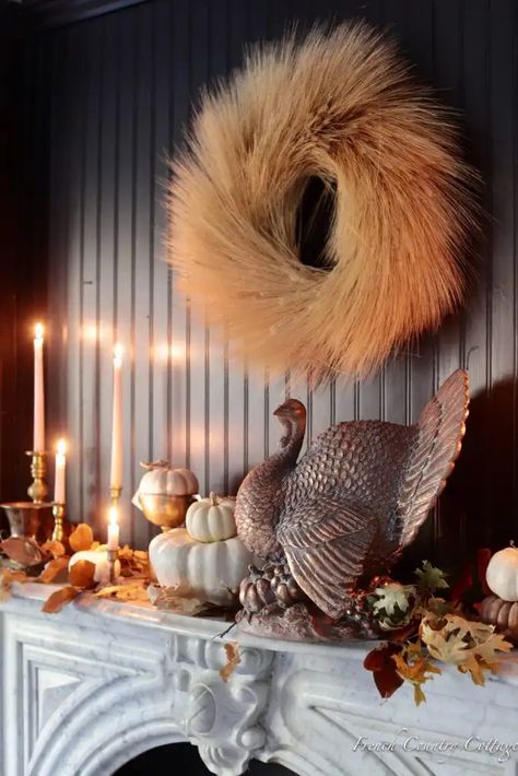 Wheat Wreath, Birch Candles, Large Floral Arrangements, Golden Wheat, Iron Lanterns, Fall Thanksgiving Decor, Stacked Pumpkins, Thanksgiving Centerpieces, Fall Mantel