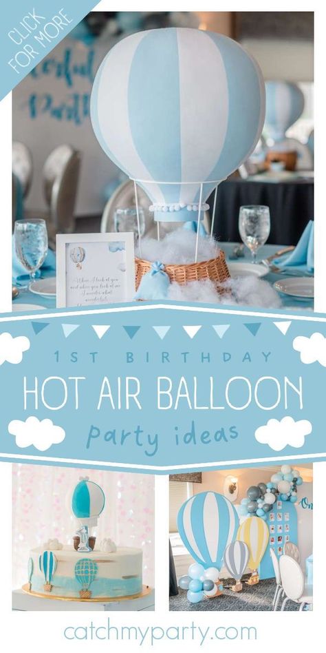 Check out this cute hot air balloon 1st birthday party! The table settings are fantastic! See more party ideas and share yours at CatchMyParty.com Around The World 1st Birthday Party, Hot Air Balloon 1st Birthday, Hot Air Balloon Party Ideas, Hot Air Balloon First Birthday Boy, 1st Birthday Hot Air Balloon Theme, Hot Air Balloon 1st Birthday Party, Hot Air Balloon First Birthday, Hot Air Balloon Birthday, Hot Air Balloon Theme