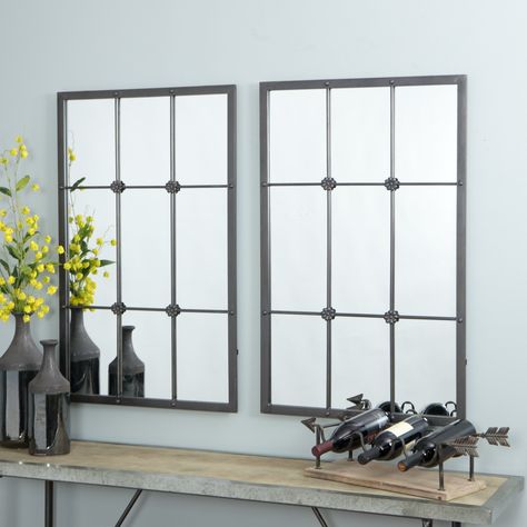 Kinslee Window Pane Wall Mirror - Brown Panel Mirror, Farmhouse Wall Mirrors, Architecture Antique, Mirror Metal, Open Wall, Wood Wall Mirror, Accent Mirror, Room Storage, Window Pane