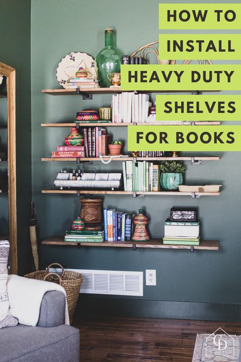 Wall Bookshelves Bedroom, Creative Bookshelves Diy, Wall Shelves For Books, Diy Bookshelf Wall, Large Wall Shelves, Shelves For Books, Heavy Duty Floating Shelves, Eclectic Bedroom Design, Shelves For Kitchen