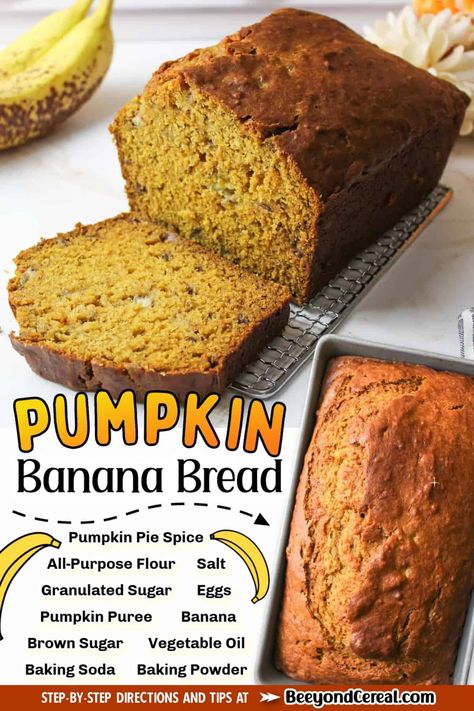 Made with pumpkin puree, ripe bananas, and warm spices this pumpkin banana bread is a perfect treat for fall. Make a large loaf of delicious fall flavors with this quick bread recipe. Pumpkin Banana Bread, Spoon Bread, Quick Bread Recipe, Homemade Pumpkin Puree, Mini Loaf Pan, Pumpkin Banana, Mini Loaf, Fall Flavors, Pumpkin Pie Filling