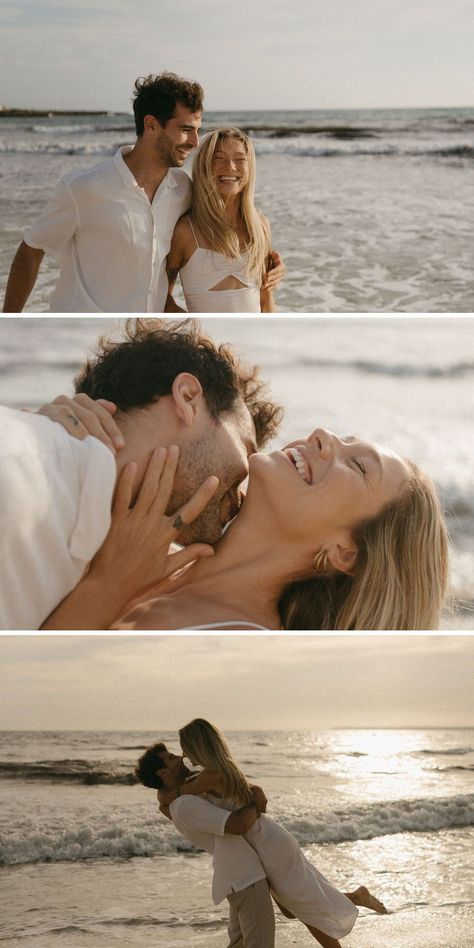 Beach Engagement Announcement in Spain | Engagement Photographer | Beach engagement photos. Imagine your love story unfolding on the golden sands of Spain, captured beautifully in a documentary-style engagement photoshoot. Get inspired with beach engagement setup, beach engagement photos, engagement documentary style and fun engagement photos summer. Book Graciela to capture your dreamy destination engagement at gracielaelenaphotography.com. Beach Pictures Poses Couples Engagement Photography, Engagement Pics On Beach, Lake Beach Photoshoot, Engagement Photo Shoot Ideas Beach, Canon Beach Photoshoot, Beach Engagement Photoshoot Ideas, Fun Beach Photoshoot, Beach Engagement Photos Casual, Beach Photoshoot Engagement