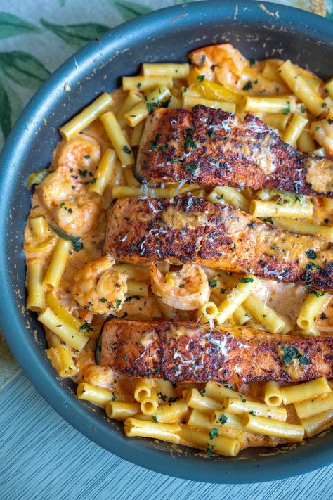 Rasta Pasta with Salmon - Asili Glam Jerk Salmon Rasta Pasta, Blackened Salmon Pasta Recipes, Salmon Rasta Pasta Recipe, Rasta Pasta Jamaican, Creole Pasta, Rasta Pasta Recipe, Jerk Salmon, Rasta Pasta, Salmon Pasta Recipes