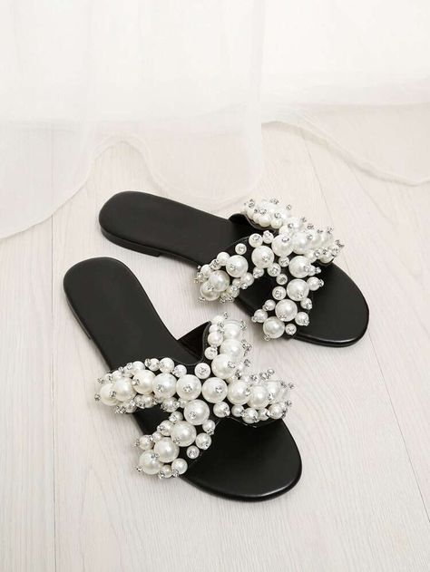 Free Returns ✓ Free Shipping On Orders $49+ ✓. Faux Pearl Decorated Flat Slippers- Sandals at SHEIN. Spring Footwear, Women Flat Sandals, Latest Sandal, Slippers Online, Flat Slippers, Elegant Heels, Chic Sandals, Pearl Decor, Flat Slipper